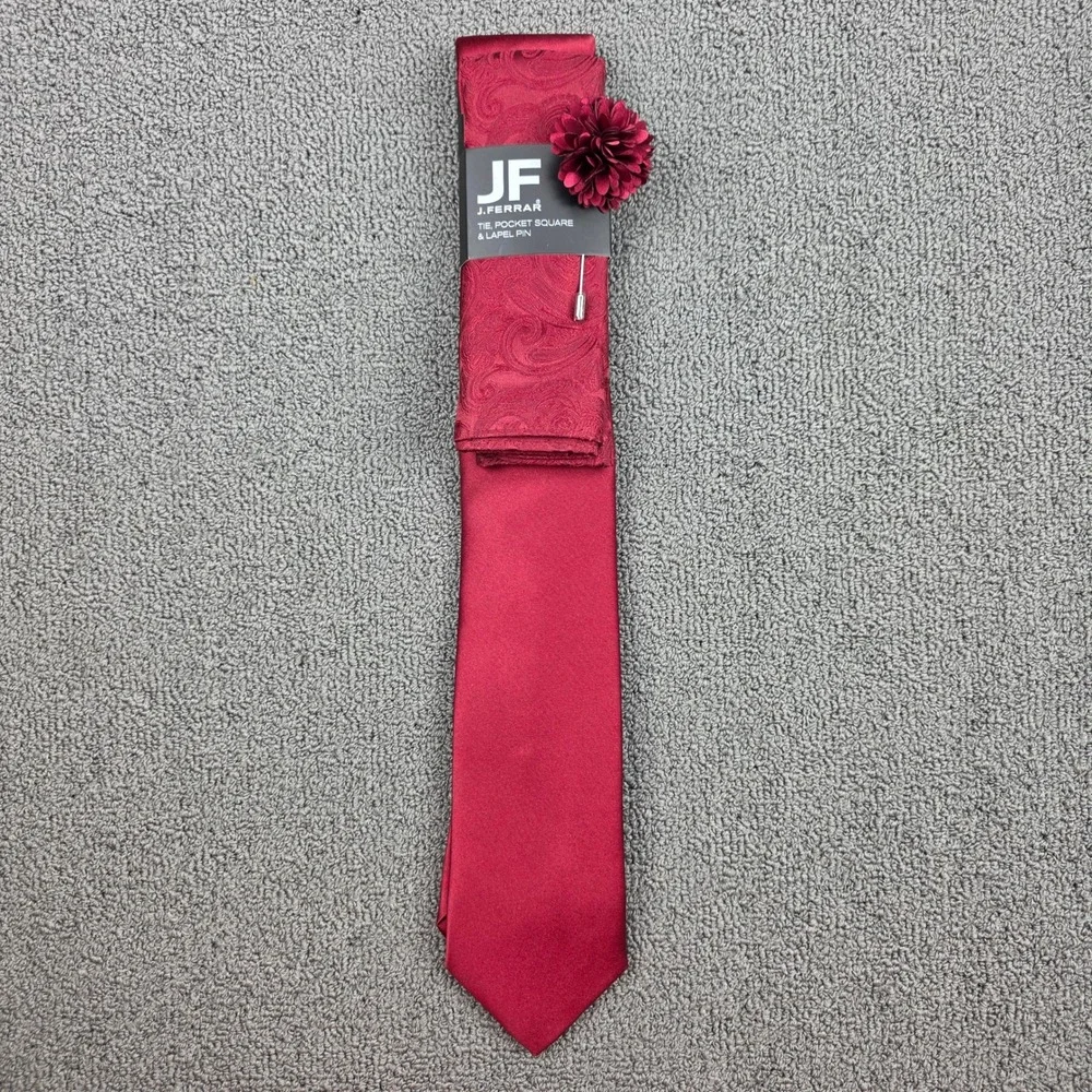 J. Ferrar Tie Pocket Square Lapel Pin Set Mens Burgundy Paisley Formal OS